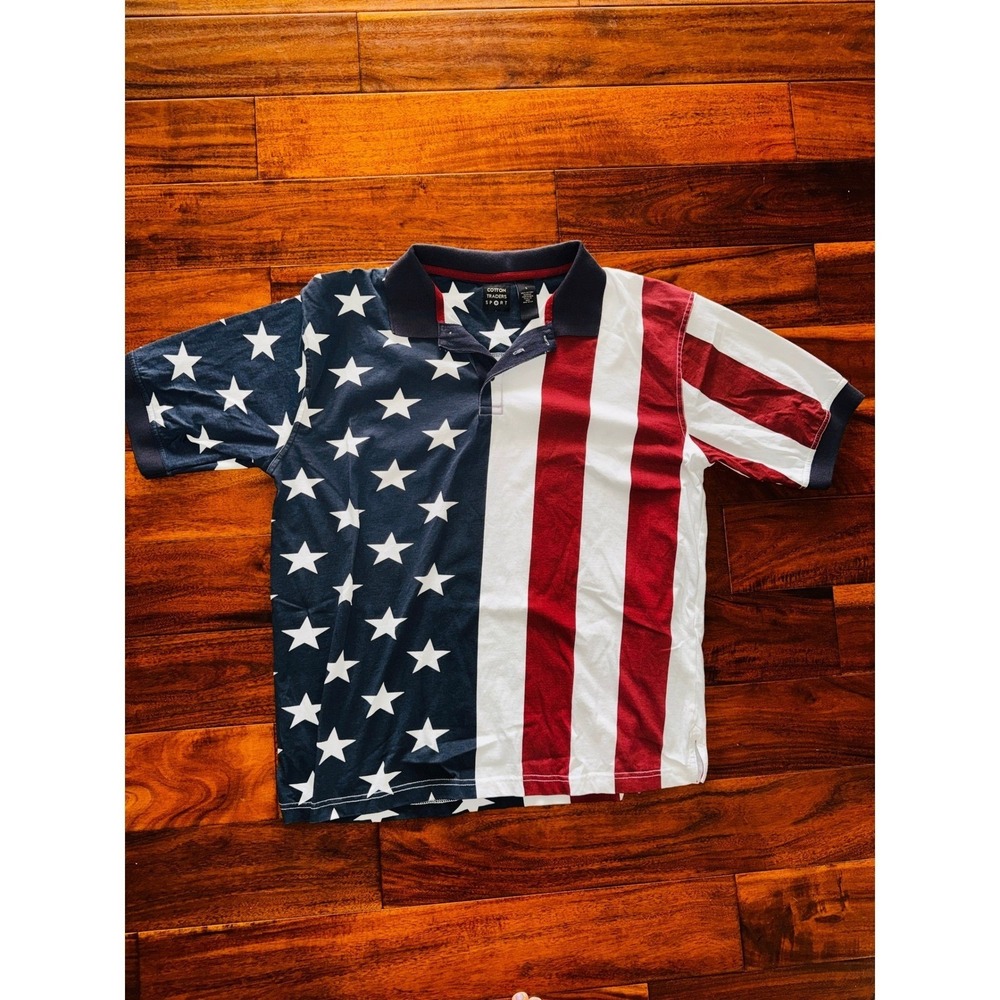 Cotton Traders  American Flag Polo Shirt Mens Lg Red White Blue Excellent Stars
